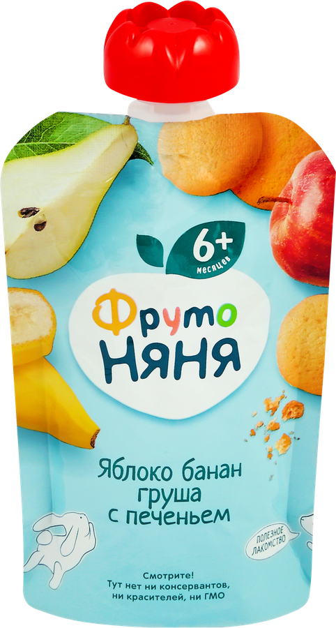 Пюре фруктовое ФРУТОНЯНЯ Яблоко, банан и груша, с печеньем, с 6 месяцев, 90г