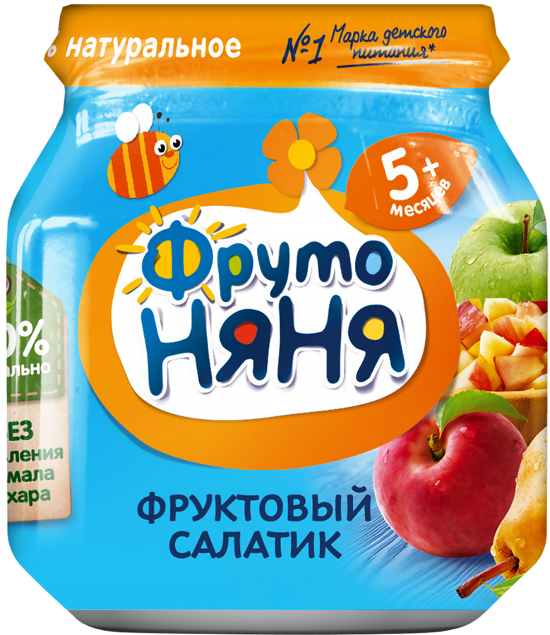 Пюре фруктовое ФРУТОНЯНЯ Фруктовый салатик Яблоко, груша, персик, с 5 месяцев, 100г