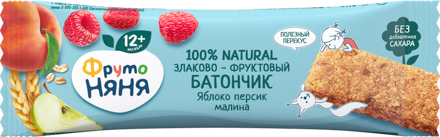 Батончик фруктово-злаковый ФРУТОНЯНЯ Яблоко, персик, малина, с 12 месяцев, 25г