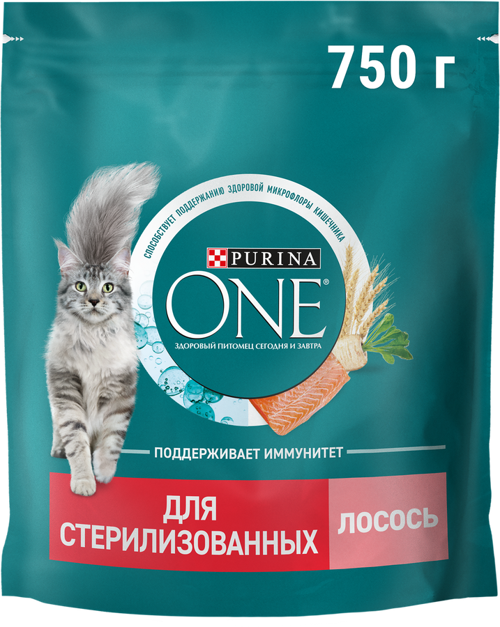 Корм сухой для взрослых кошек PURINA ONE Sterilised с лососем и пшеницей, для стерилизованных, 750г