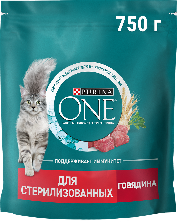 Корм сухой для взрослых кошек PURINA ONE Sterilised с говядиной и пшеницей для стерилизованных, 750г