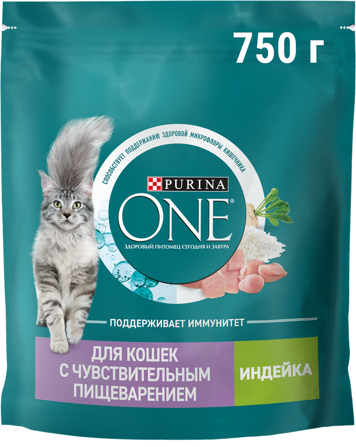 Корм сухой для взрослых кошек PURINA ONE Sensitive Индейка и рис, с чувствительным пищеварением, 750г