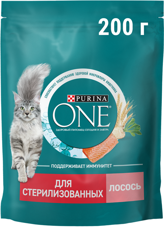 Корм сухой для взрослых кошек PURINA ONE Sterilised с лососем и пшеницей, для стерилизованных, 200г