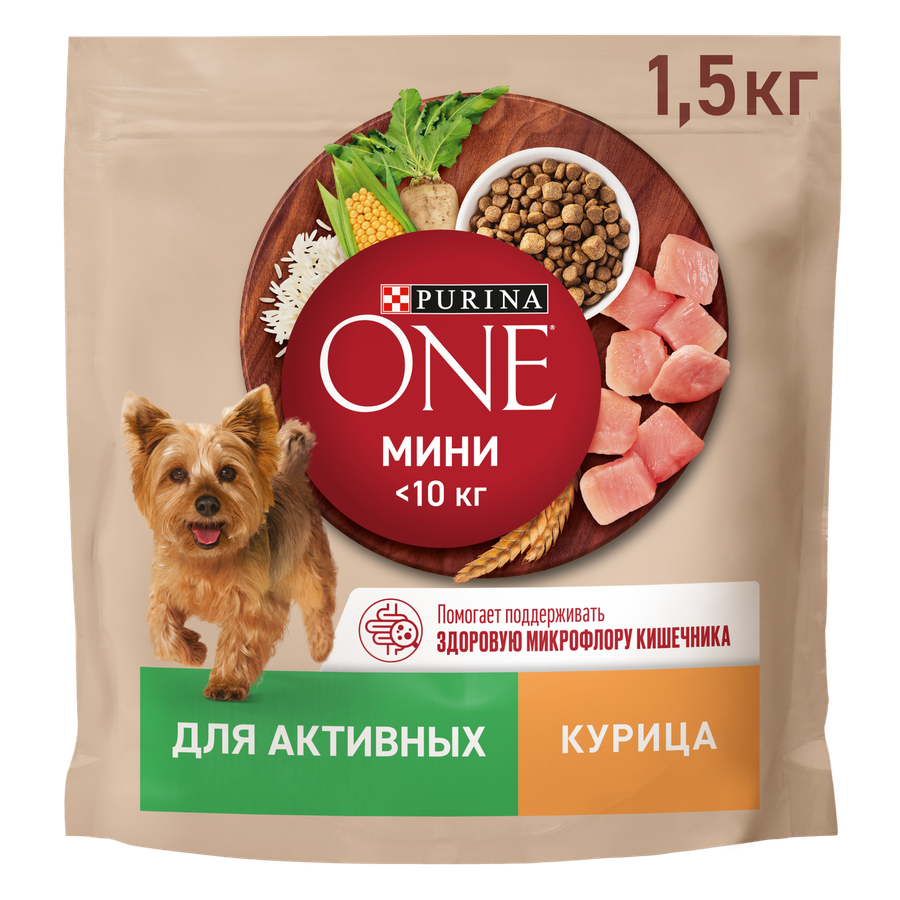 Корм сухой для взрослых собак PURINA ONE Mini Активная Курица и рис, 1,5кг