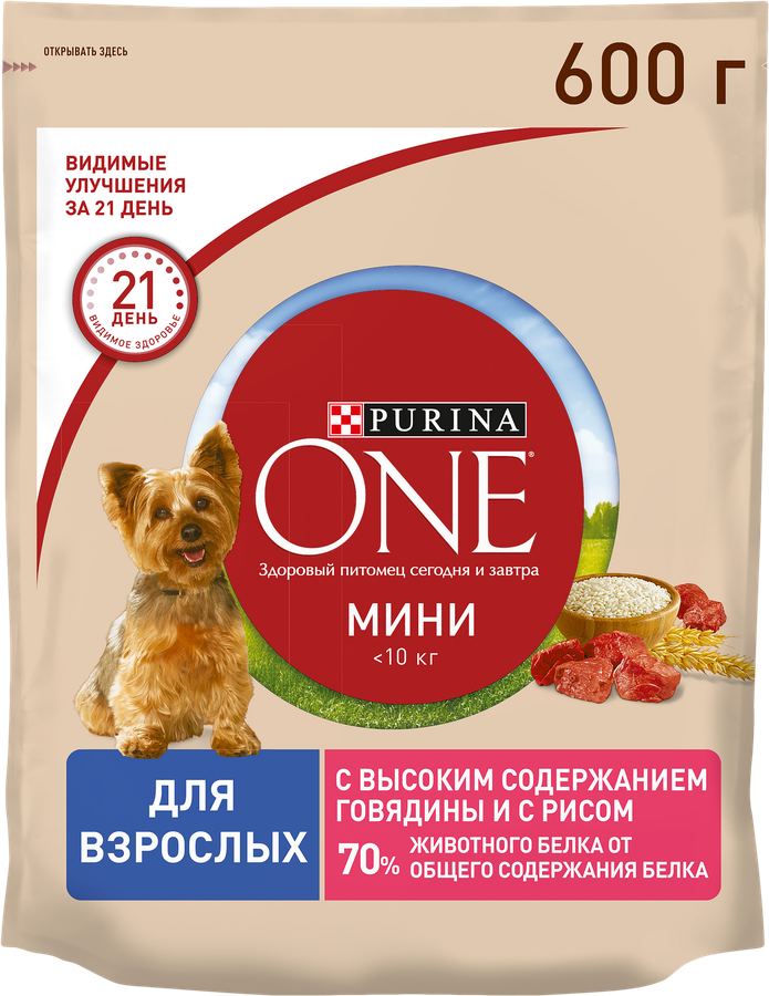 Корм сухой для взрослых собак PURINA ONE Говядина и рис, 600г