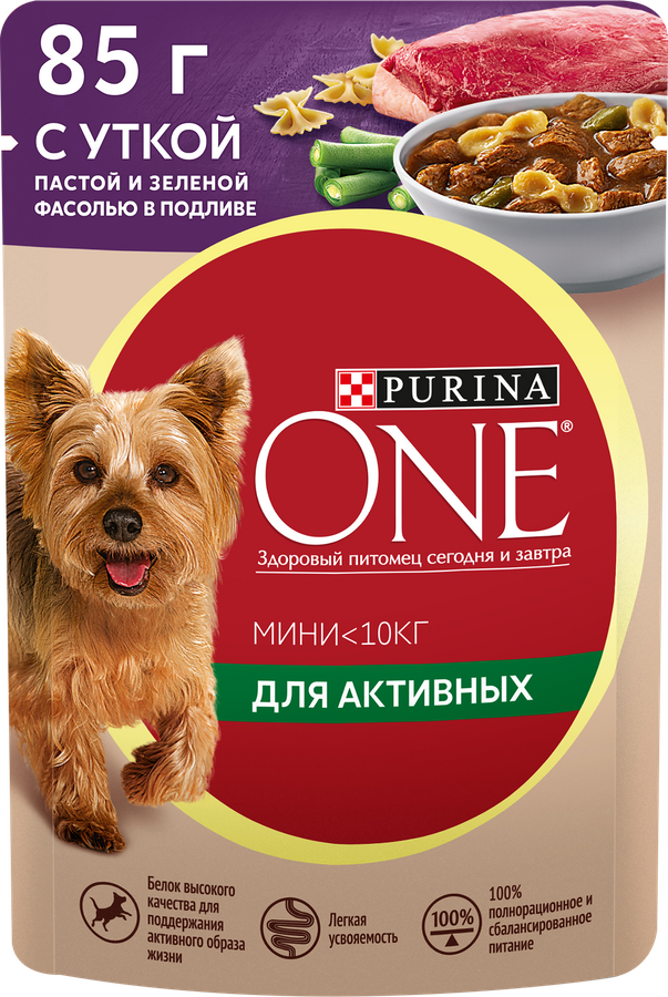 Корм влажный для взрослых собак PURINA ONE Mini Активная Утка, паста и зеленая фасоль в подливе, 85г