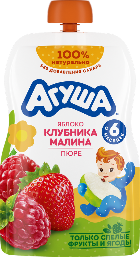 Пюре фруктово-ягодное детское АГУША Яблоко, клубника, малина, с 6 месяцев, 90г
