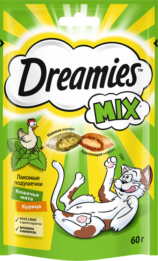 Лакомство для кошек DREAMIES Подушечки с мятой и курицей, 60г