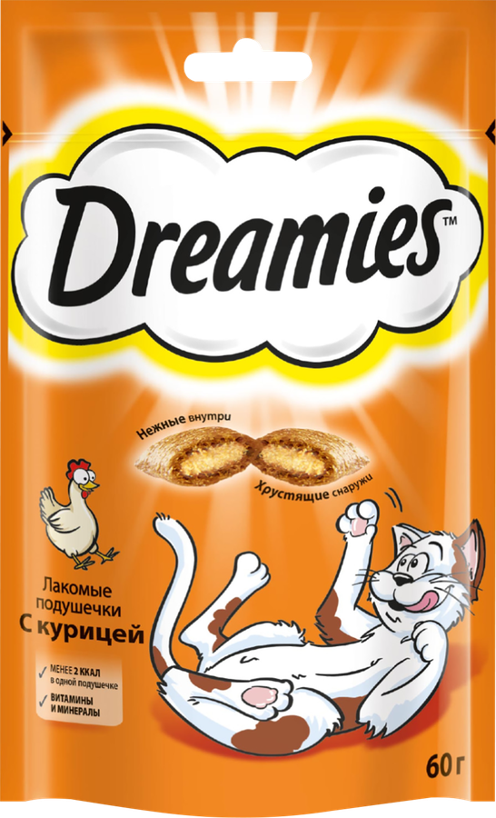 Лакомство для кошек DREAMIES Подушечки с курицей, 60г