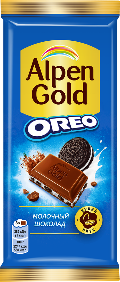 Шоколад молочный ALPEN GOLD Орео со вкусом ванили и кусочками печенья, 85г