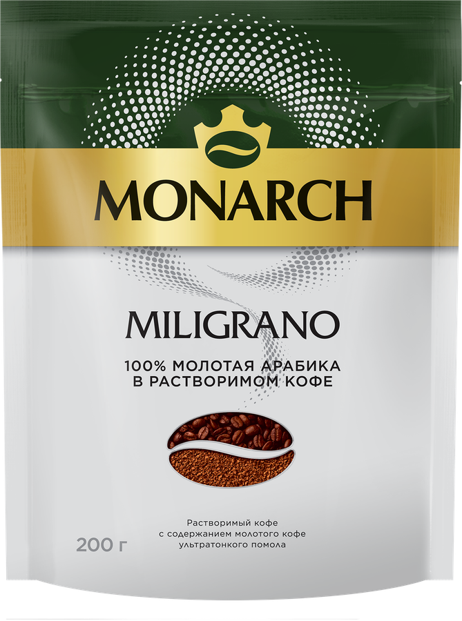 Кофе растворимый с добавлением молотого MONARCH Miligrano натуральный 
сублимированный, 200г