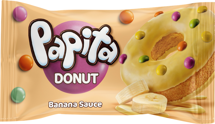 Кекс SOLEN PAPITA DONUT с какао-глазурью, банановой начинкой и цветным драже, 40г