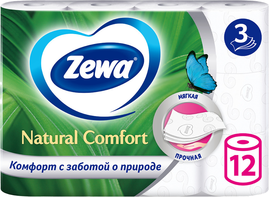 Бумага туалетная ZEWA Natural Comfort без аромата 3-слоя белая, 12шт