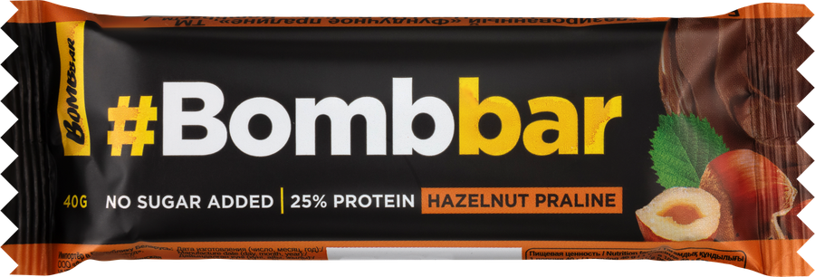 Батончик протеиновый BOMBBAR Фундучное пралине, в шоколаде, 40г
