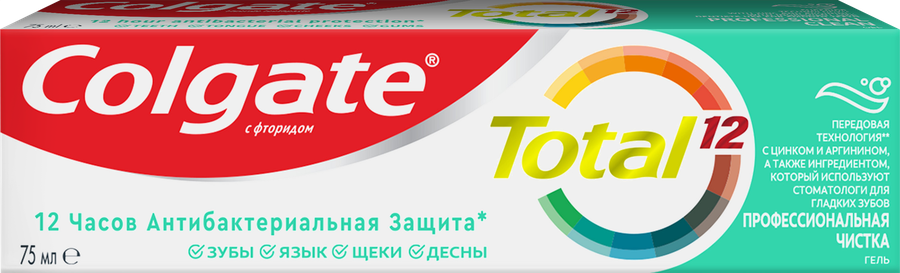 Зубная паста COLGATE Total 12 Профессиональная чистка, гель со специальным ингредиентом для гладких и блестящих зубов, с цинком и аргинином для антибактериальной защиты, 75мл