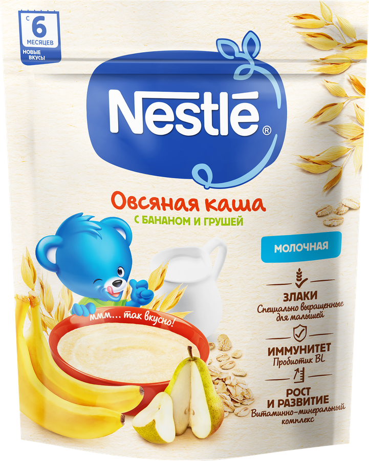 Каша овсяная NESTLE молочная, с бананом и грушей, с 6 месяцев, 200г