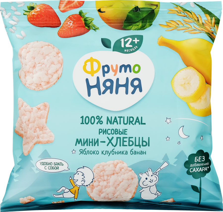 Мини-хлебцы рисовые ФРУТОНЯНЯ с яблоком, клубникой, бананом и пребиотиком, с 12 месяцев, 30г