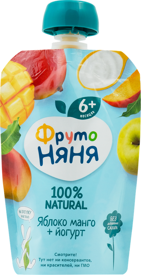 Пюре фруктово-йогуртное ФРУТОНЯНЯ Яблоко, манго, с йогуртом, с 6 месяцев, 90г