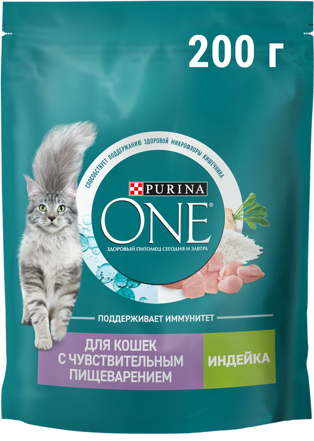 Корм сухой для взрослых кошек PURINA ONE Sensitive Индейка и рис, с чувствительным пищеварением, 200г