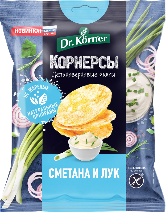 Чипсы рисово-кукурузные DR. KORNER цельнозерновые, со сметаной и зеленым луком, 50г