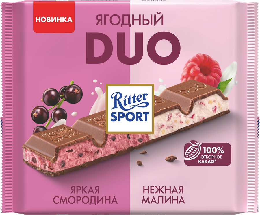 Шоколад молочный RITTER SPORT яркая смородина и нежная малина, 218г