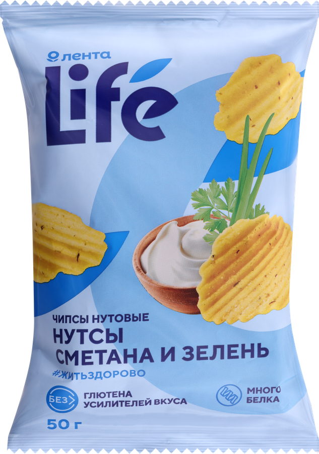 Чипсы нутовые ЛЕНТА LIFE Сметана и зелень, 50г