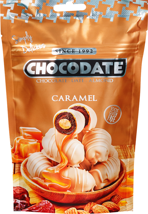 Финики CHOCODATE с миндалем и карамелью в сочетании белого и молочного шоколада, 100г