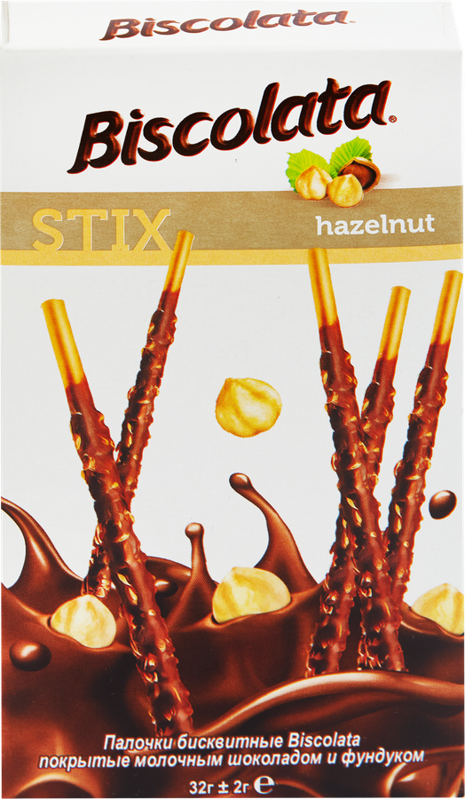 Палочки бисквитные SOLEN Biscolata stix hazelnut, молочный шоколад и фундук, 32г