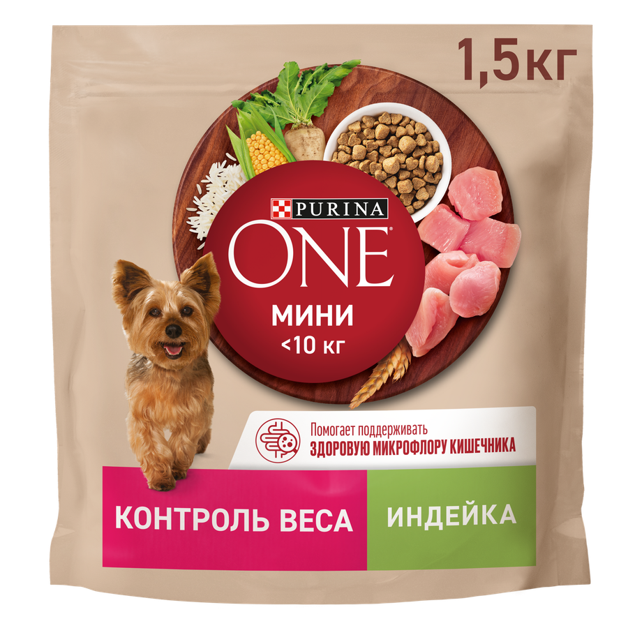 Корм сухой для взрослых собак PURINA ONE Mini Здоровый вес Индейка и рис, 1,5кг