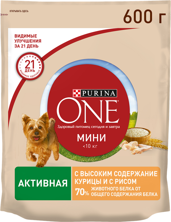 Корм сухой для взрослых собак PURINA ONE Mini Активная Курица и рис, 600г