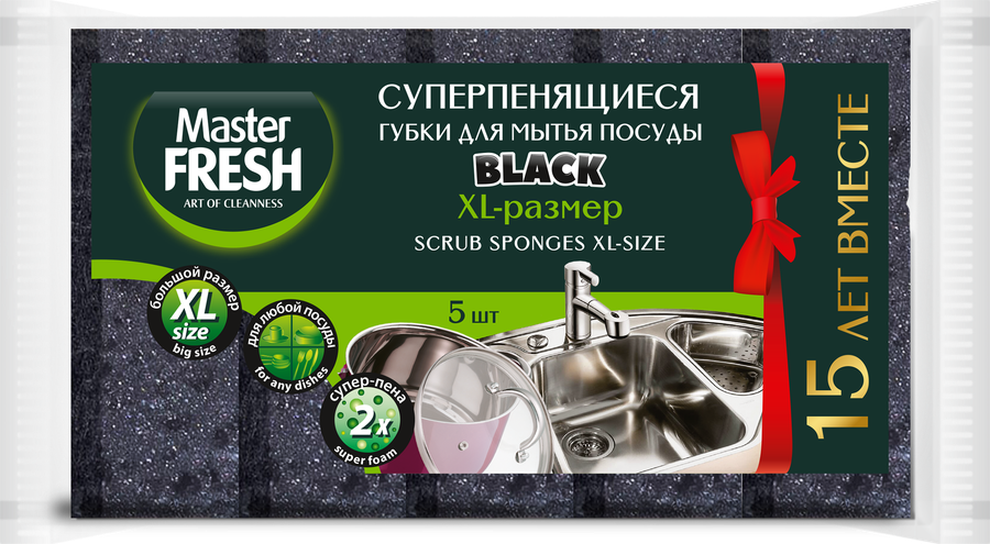 Губки для мытья посуды MASTER FRESH XL bubble-поролон, black, 5шт