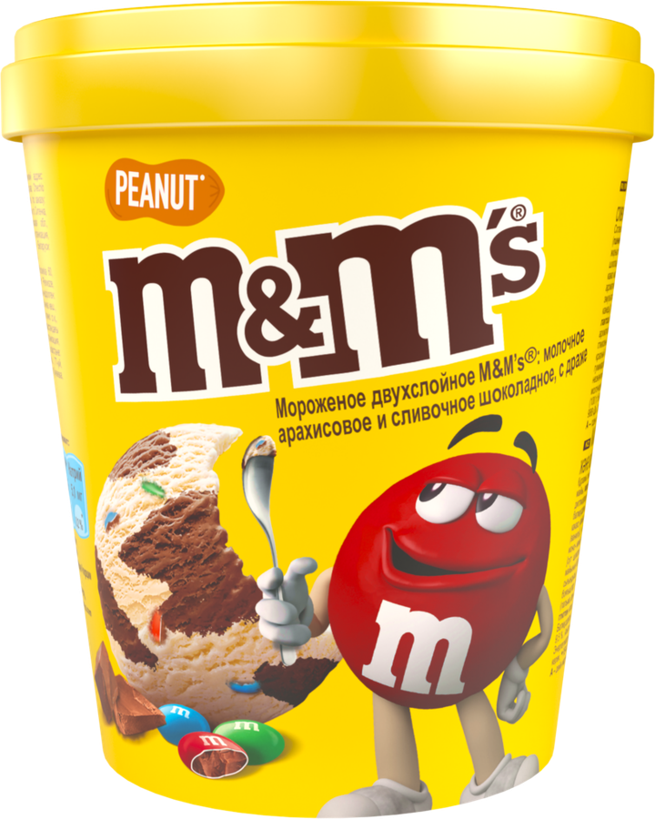 Мороженое M&M'S двухслойное молочное арахисовое и сливочное шоколадное с драже, без змж, картонный стакан, 295г