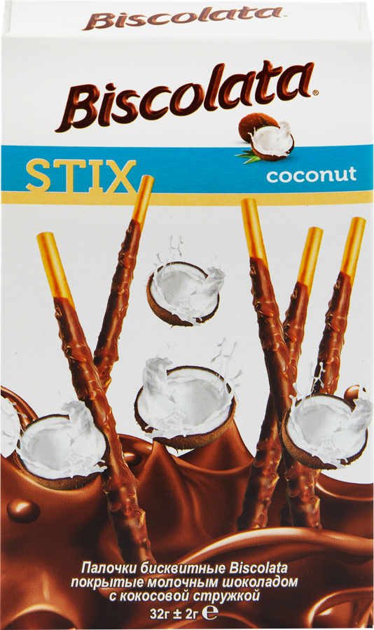 Палочки бисквитные SOLEN Biscolata stix coconut, молочный шоколад, с кокосовой стружкой, 32г