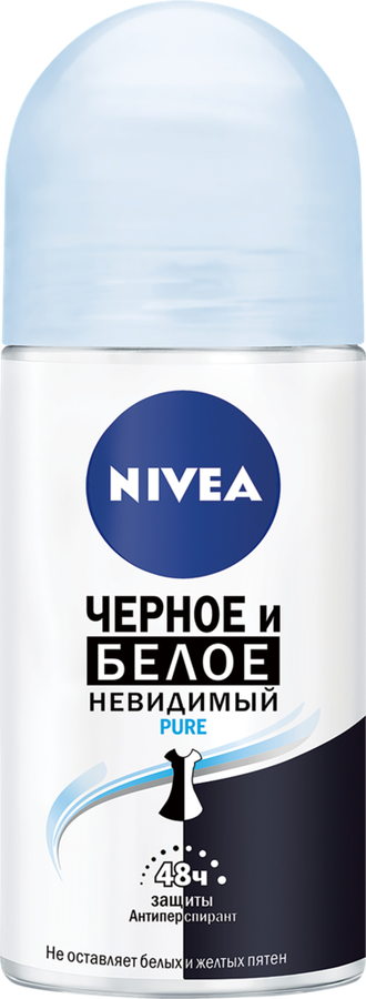 Дезодорант-антиперспирант роликовый женский NIVEA Pure Черное и Белое Невидимая защита, 50мл