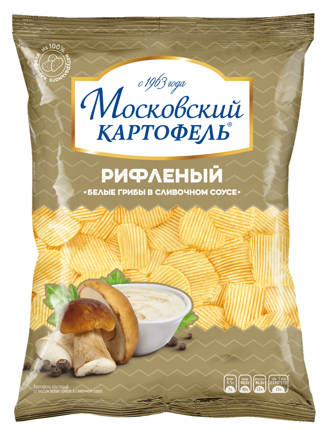 Чипсы картофельные МОСКОВСКИЙ КАРТОФЕЛЬ Хрустящие рифленые со вкусом белые грибы в сливочном соусе, 120г