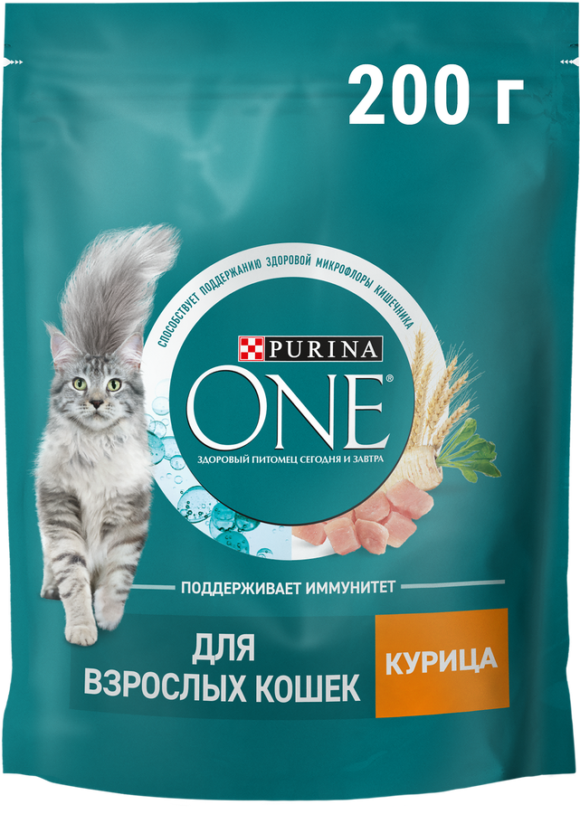 Корм сухой для взрослых кошек PURINA ONE Adult с курицей и цельными злаками, 200г