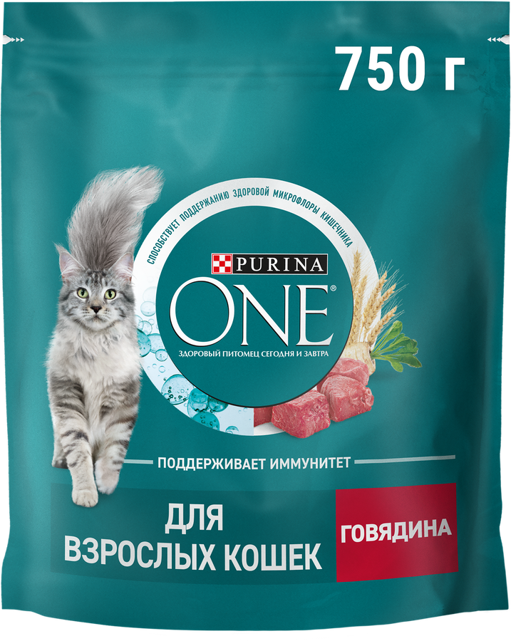 Корм сухой для взрослых кошек PURINA ONE Adult с говядиной с цельными злаками, 750г