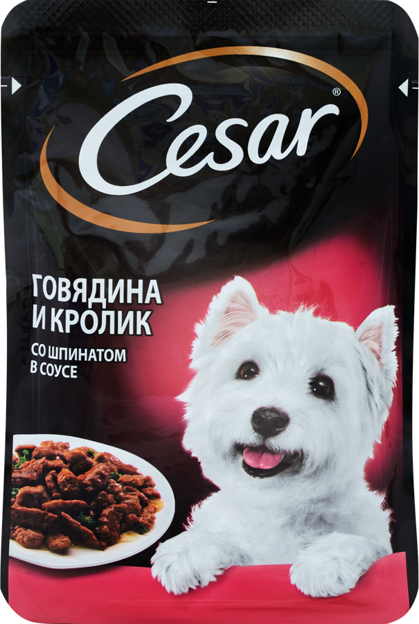 Корм консервированный для взрослых собак CESAR с говядиной, кроликом в соусе со шпинатом, для всех пород, 85г