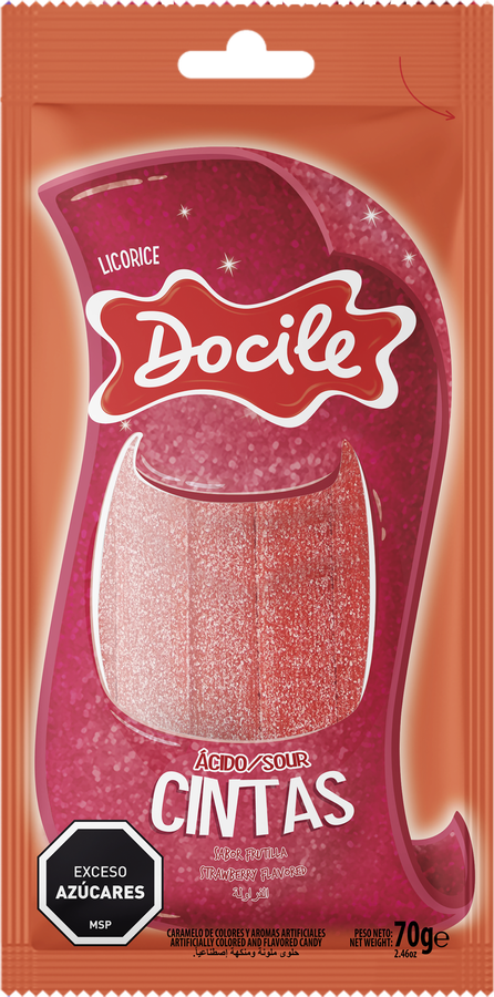 Мармелад жевательный DOCILE Sour strawberry belts, ленты со вкусом клубники, 70г