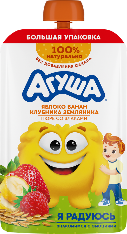 Пюре фруктово-злаковое детское АГУША Яблоко, банан, клубника и земляника со злаками, с 12 месяцев, 160г