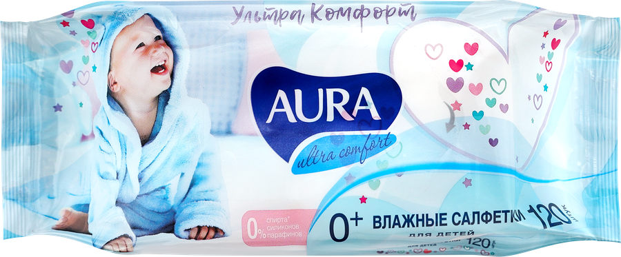 Салфетки влажные детские AURA Ultra Comfort, с экстрактом алоэ и витамином Е, 120шт