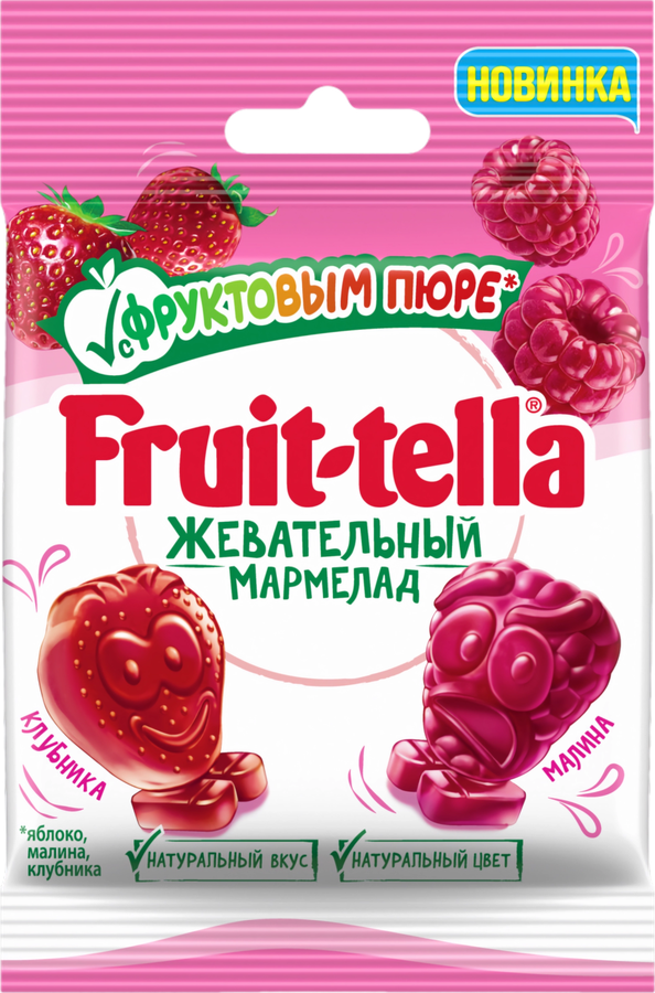 Мармелад жевательный FRUIT-TELLA High fruit с фруктовым соком и вкусом 
клубники и малины, 36г