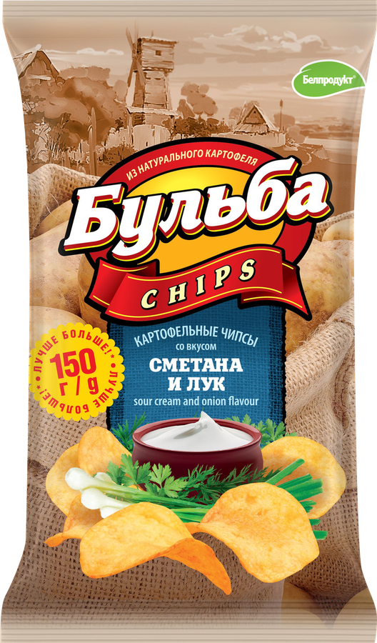 Чипсы картофельные БУЛЬБА CHIPS со вкусом сметаны и лука, 150г
