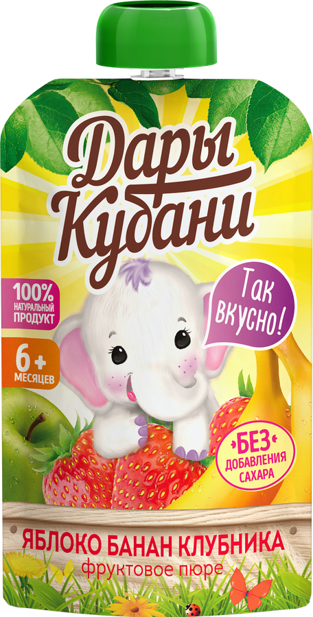 Пюре фруктово-ягодное ДАРЫ КУБАНИ Яблоко, банан и клубника, с 6 месяцев, 90г