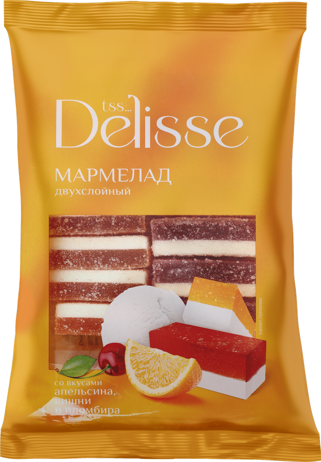 Мармелад DELISSE двухслойный со вкусами апельсина, вишни и пломбира, 300г