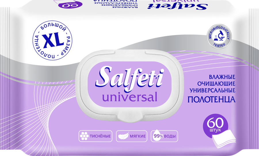 Салфетки влажные SALFETI универсальные, с пластиковым клапаном, 60шт