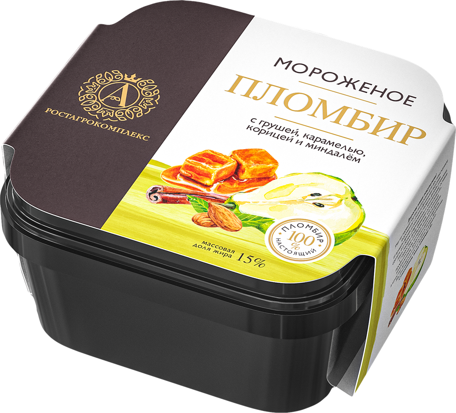 Мороженое А.РОСТАГРОКОМПЛЕКС Пломбир с грушей, карамелью, корицей и миндалем 15%, без змж, контейнер, 300г