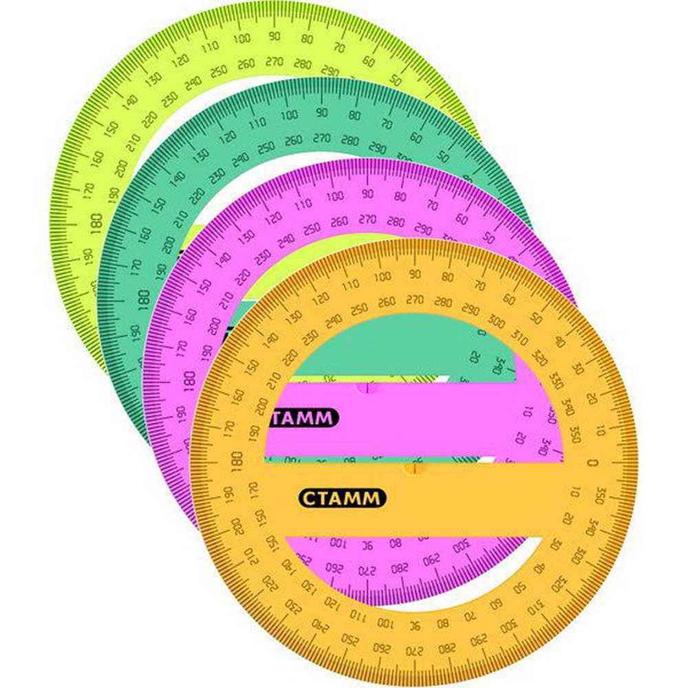 Транспортир 360 цветной флюоресц прозрачный 4 цв 10см