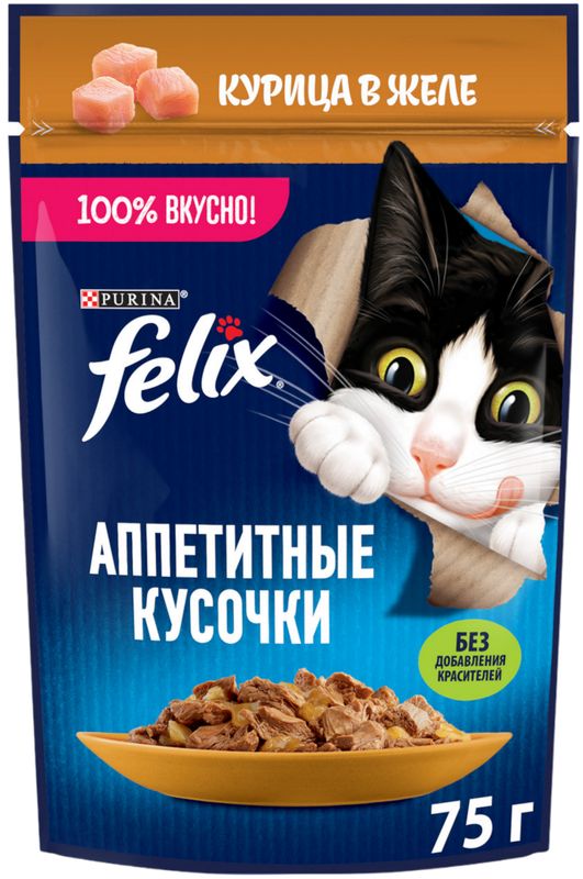 Корм влажный Felix Курица в желе для взрослых кошек 75г