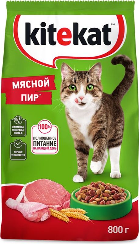 Корм сухой Kitekat Мясной пир для взрослых кошек полнорационный 800г